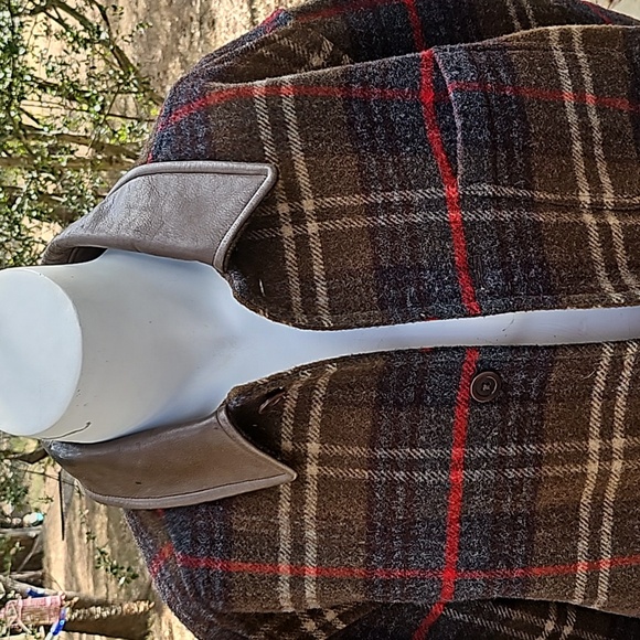 Vintage J CREW Men's Brown Wool Plaid lined chore coat jacket leather collar L - Picture 2 of 15